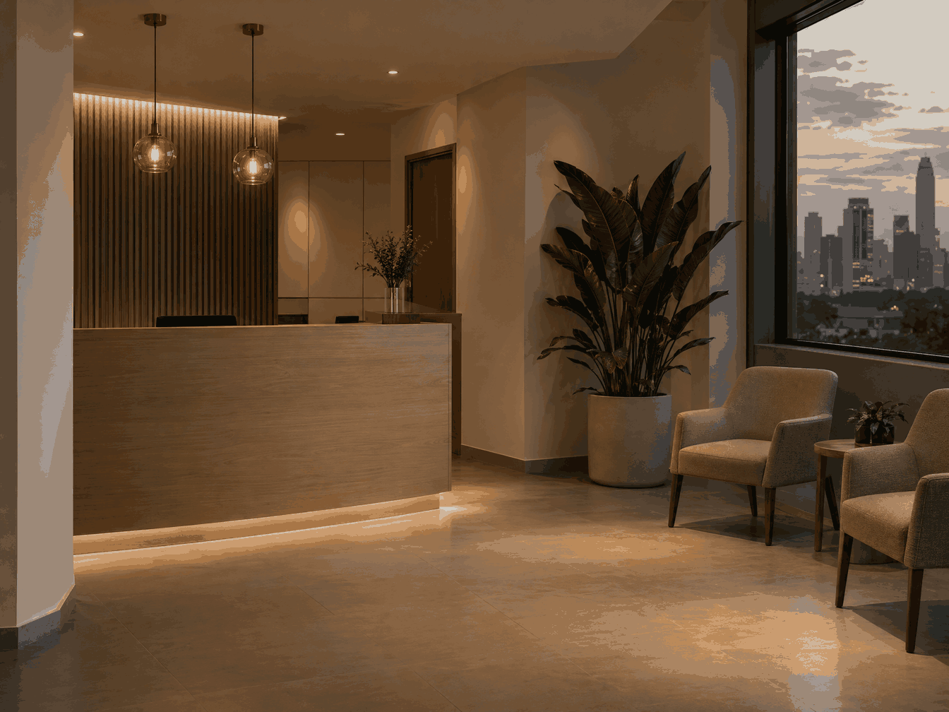 Clinic reception desk, calm and empty